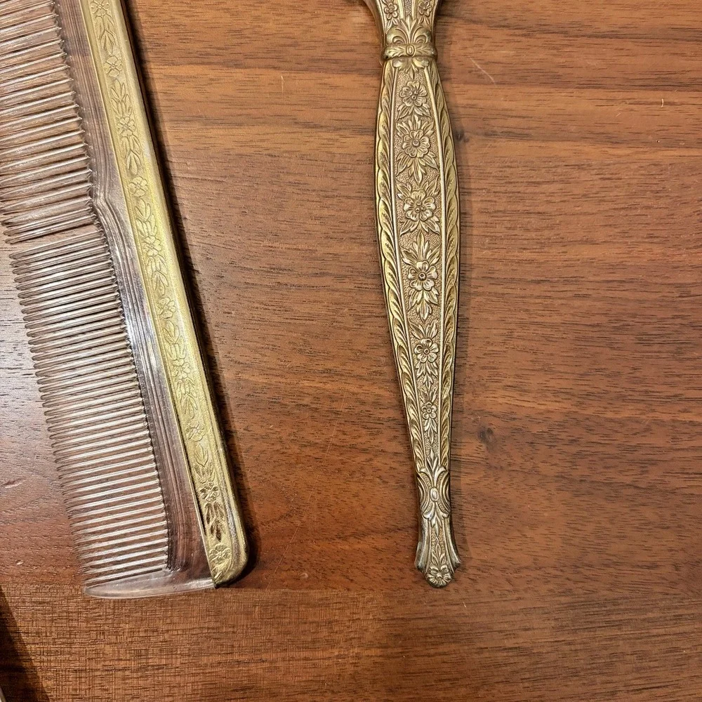 Vintage 1950s Hollywood Regency Gold Plated Mirror Brush Comb Vanity Set Bird